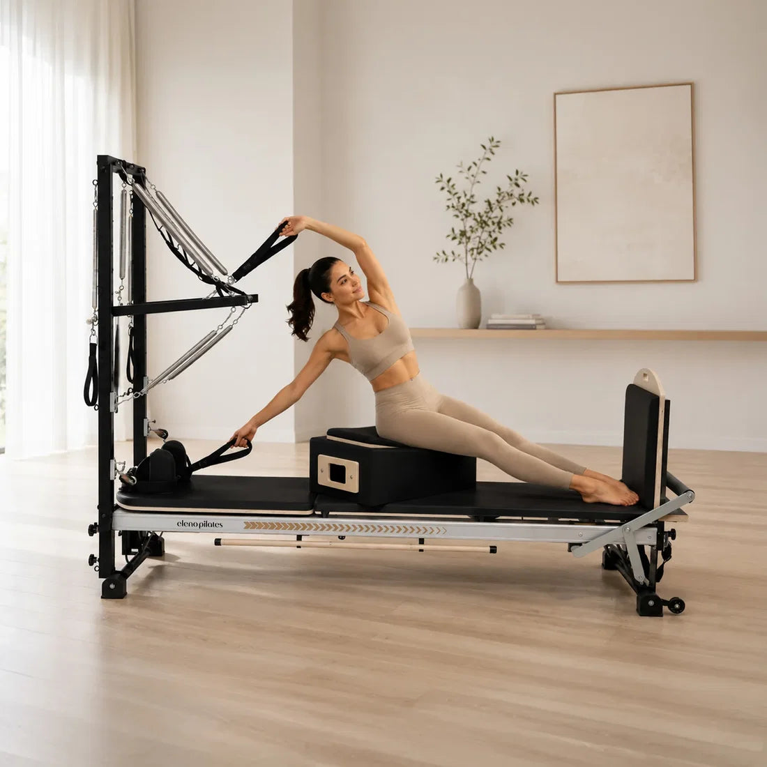 Eleno E8 Max Plus silver Pilates reformer with half tower – product image 2